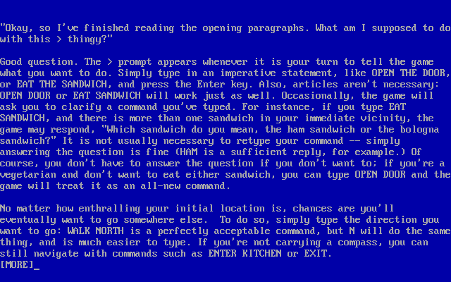 Photopia (DOS) screenshot: Text parser instructions