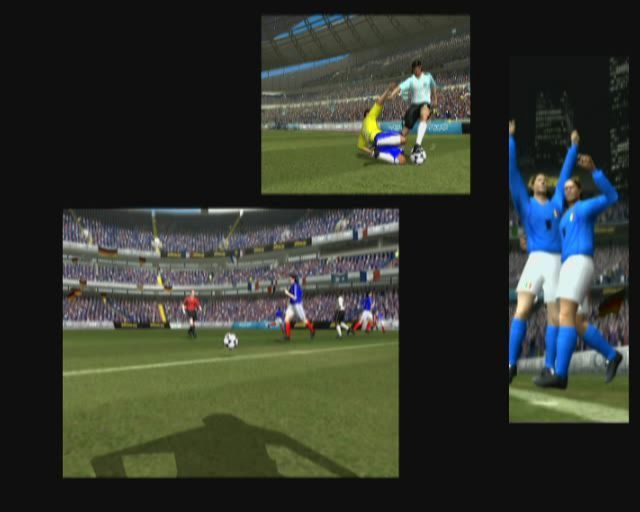 World Tour Soccer 2003 (PlayStation 2) screenshot: UK Retail game<br>This starts with the usual company logos and an animated introduction that mixes full screen and split screen action