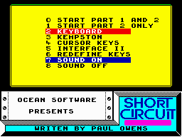 Short Circuit (ZX Spectrum) screenshot: Main menu