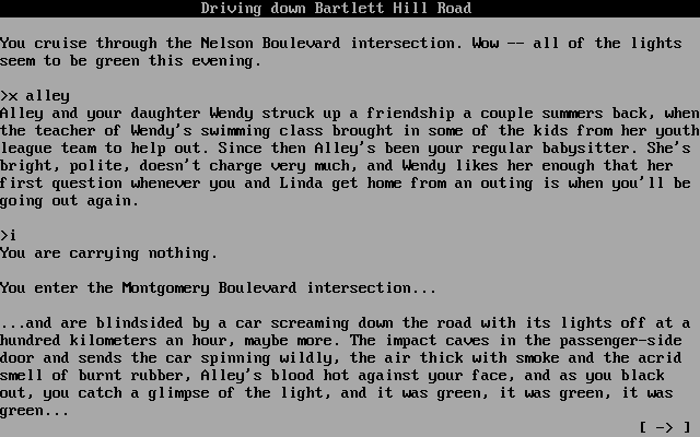 Photopia (DOS) screenshot: A jarring plot twist