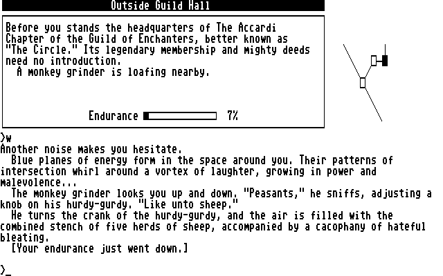 Beyond Zork: The Coconut of Quendor (Commodore 128) screenshot: Outside the Guild of Enchanters - I just lost endurance (palette 3)