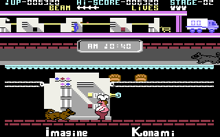 Comic Bakery (Commodore 64) screenshot: Do not let the raccoon turn off the switch.