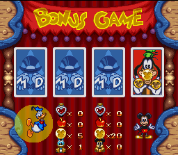 Disney's Magical Quest 3 starring Mickey & Donald (SNES) screenshot: Select one of four cards and you will get a special prize (so long as it's not the King Pete card!)