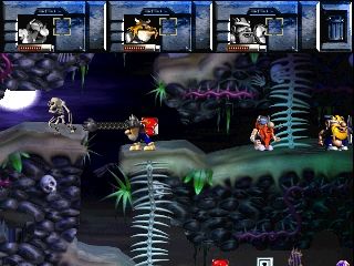 Norse by Norse West: The Return of the Lost Vikings (PlayStation) screenshot: Baleog killing a skeleton enemy.