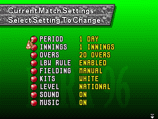 Brian Lara Cricket '96 (Genesis) screenshot: Match settings screen