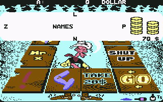 Lucky Luke: Gamblin' Cowboy (Commodore 64) screenshot: Write the word "NAMES" selecting the letters quickly and get the money...
