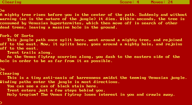 Leather Goddesses of Phobos (DOS) screenshot: Wandering through Venusian jungle. At least in the Solid Gold release, it's possible to change colors with a command option.