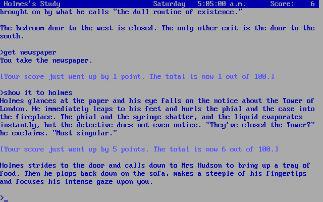 Sherlock: The Riddle of the Crown Jewels (DOS) screenshot: Holmes rises up when the newspaper is shown to him. The text and background colors can be changed with a command option.