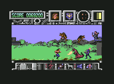 Hysteria (Commodore 64) screenshot: Look! A fire-breathing dragon.