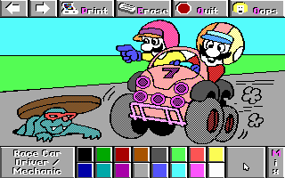 Electric Crayon 3.1: Super Mario Bros & Friends: When I Grow Up (DOS) screenshot: Race Car Driver and Mechanic are painted (Low EGA 16)