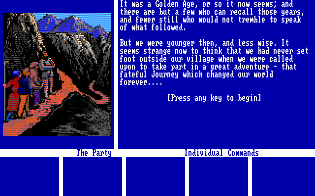 Journey: The Quest Begins (DOS) screenshot: Intro screen (EGA)