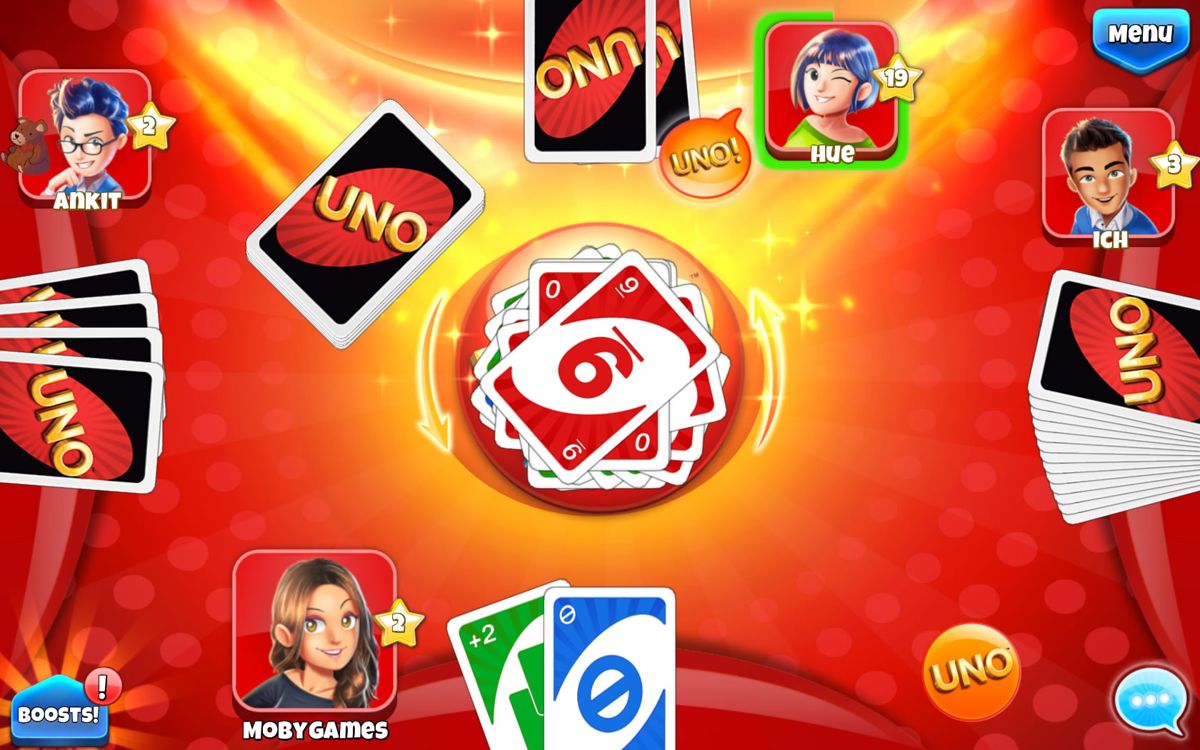 Uno & Friends (Windows Apps) screenshot: Hue has called 'Uno!'.