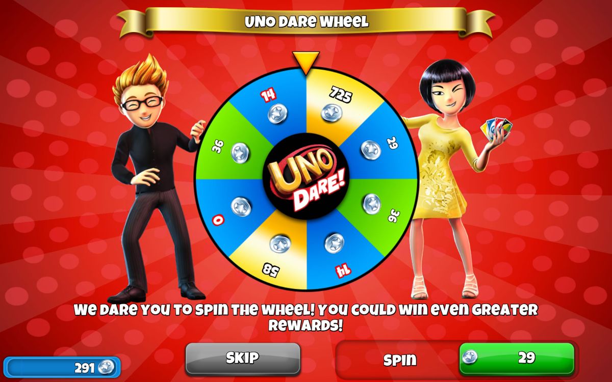 Uno & Friends (Windows Apps) screenshot: Spin the Uno Dare Wheel after a game in the Dare mode.