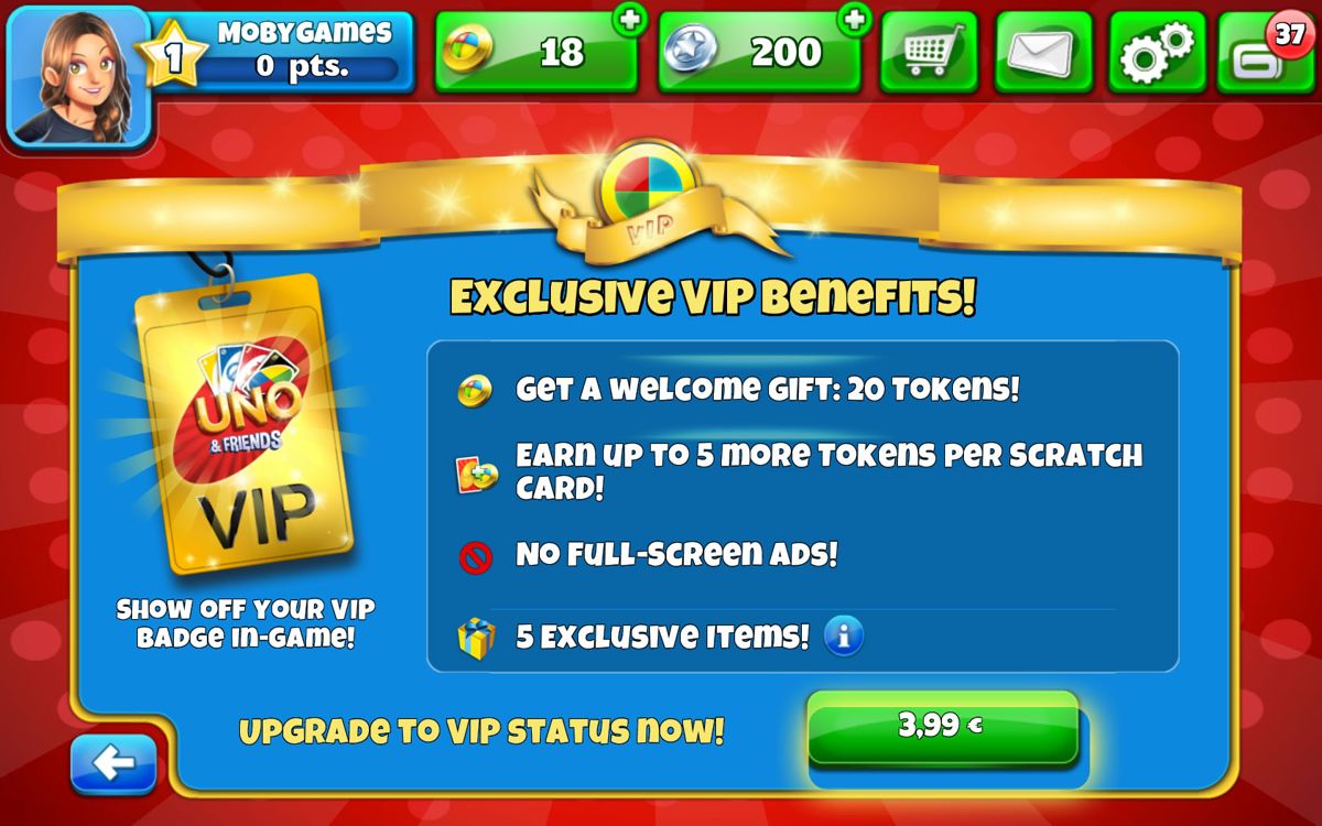 Uno & Friends (Windows Apps) screenshot: Benefits of upgrading to VIP.
