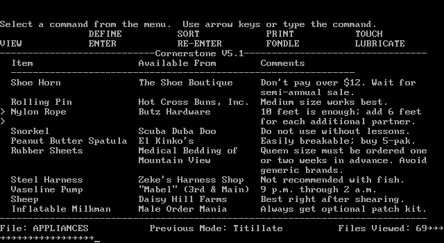 Leather Goddesses of Phobos (DOS) screenshot: This is the boss key screen, modeled after Infocom's Cornerstone application. It doesn't look exactly like it could withstand closer looks though...