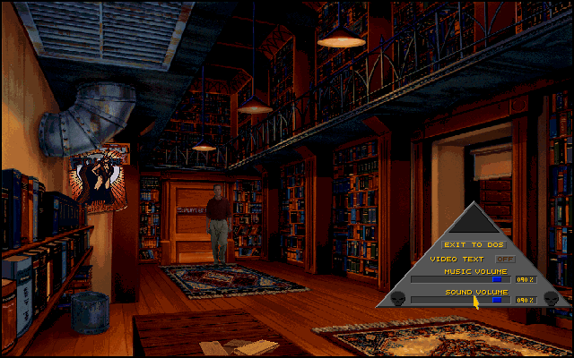 Noctropolis (Windows) screenshot: Pressing ESCAPE brings up the volume control and exit to DOS options