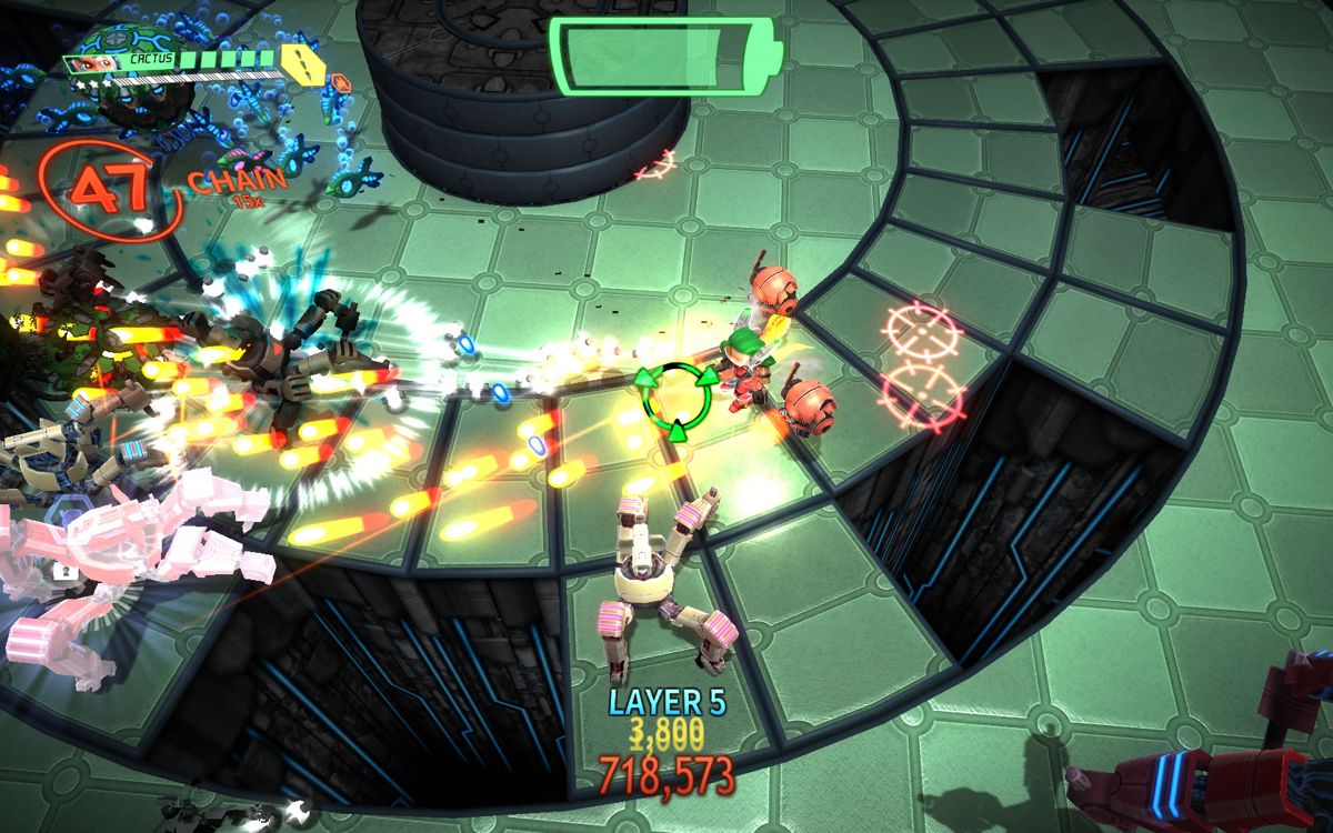 Assault Android Cactus (Windows) screenshot: Cactus has picked up a weapon power-up for additional firepower.