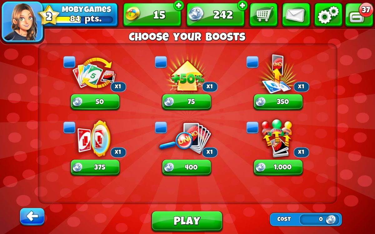 Uno & Friends (Windows Apps) screenshot: Purchase boost before starting a game.