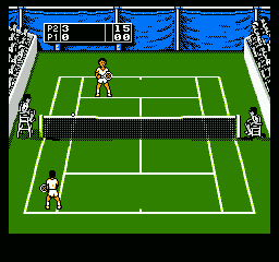 Jimmy Connors Tennis (NES) screenshot: Tennis ball going over the net.