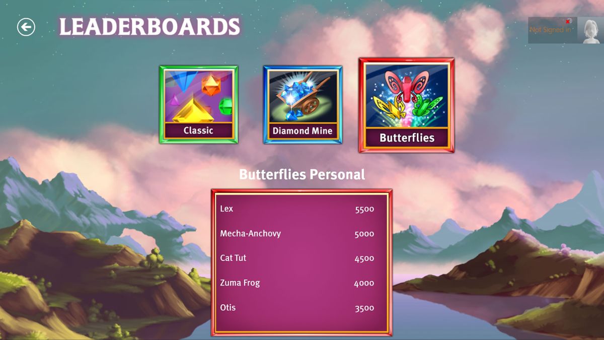 Bejeweled: Live (Windows Apps) screenshot: Leaderboards for the Butterflies mode