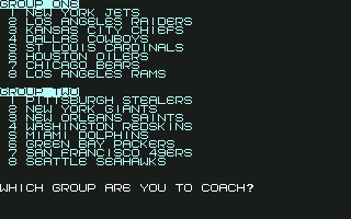 American Football (Commodore 64) screenshot: Pick a group, any group