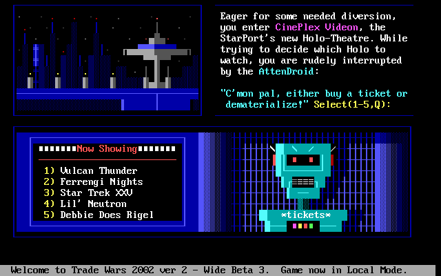 Trade Wars 2002 (DOS) screenshot: Catch a flick at the Cineplex Videon Holo-Theater