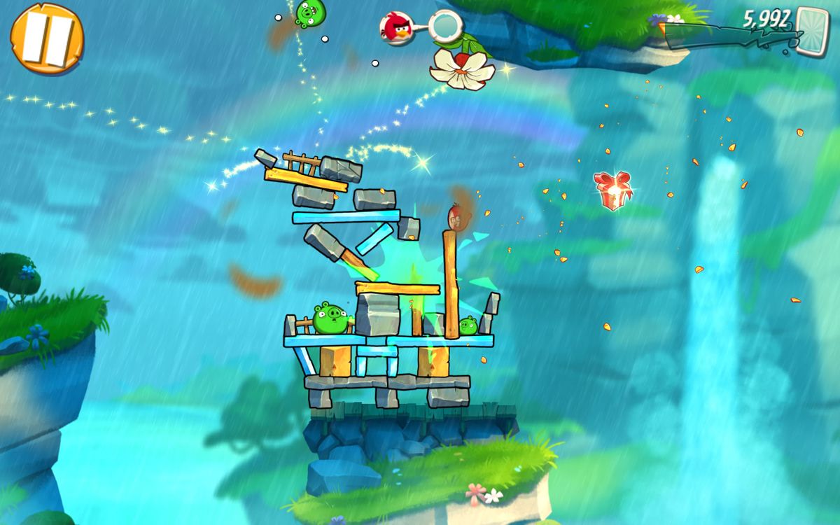 Angry Birds 2 (Android) screenshot: Use the flower near the top to be launched towards the structure below.