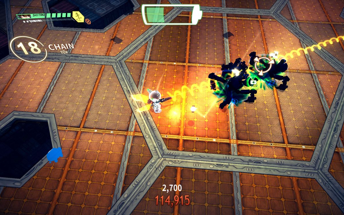 Assault Android Cactus (Windows) screenshot: Shiitake fights with a rail gun. These enemies have dropped a battery charge.