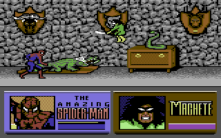 The Amazing Spider-Man and Captain America in Dr. Doom's Revenge! (Commodore 64) screenshot: Spiderman vs Machete