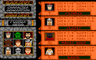 Black Crypt (Amiga) screenshot: Character Generation