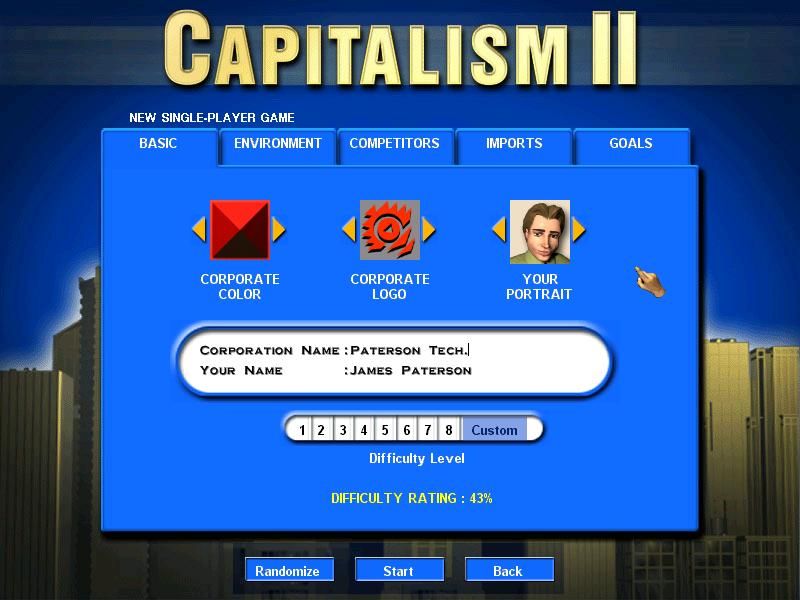 Trevor Chan's Capitalism II (Windows) screenshot: Configuring my corporation, Paterson Tech.