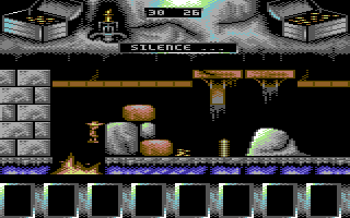 Gordian Tomb (Commodore 64) screenshot: Jumping over a burning pit.