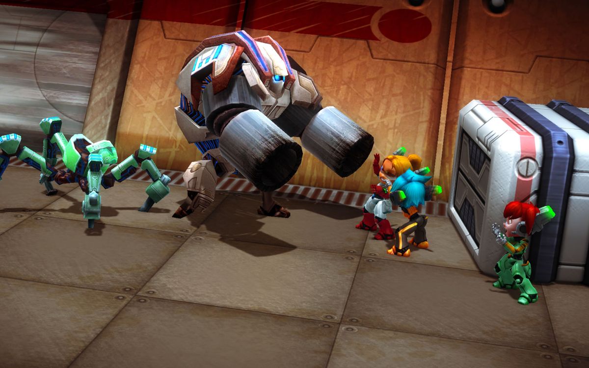 Assault Android Cactus (Windows) screenshot: A giant robot threatens some androids.