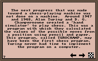 Distant Armies: A Playing History of Chess (Amiga) screenshot: History of mechanical chess and the first chess program.