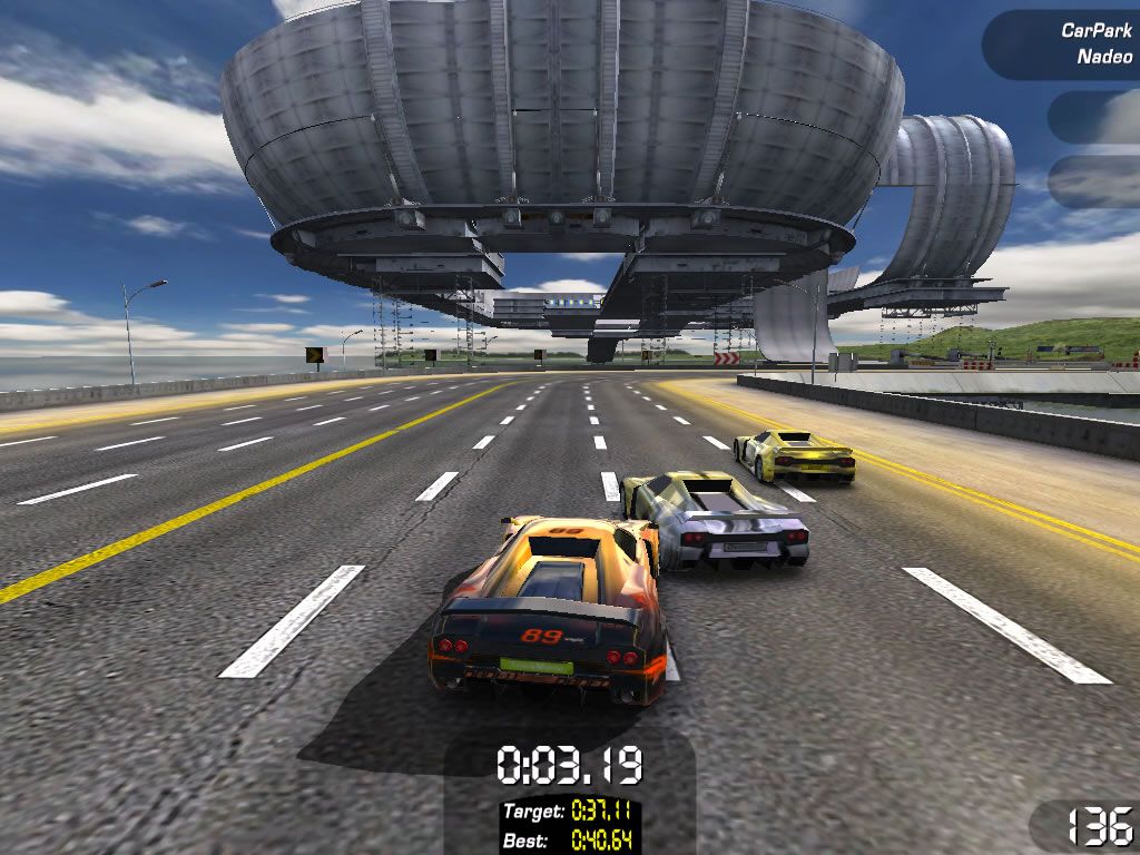 TrackMania Sunrise (Windows) screenshot: The time to beat is shown in-game by three ghost cars: bronze, silver and gold.