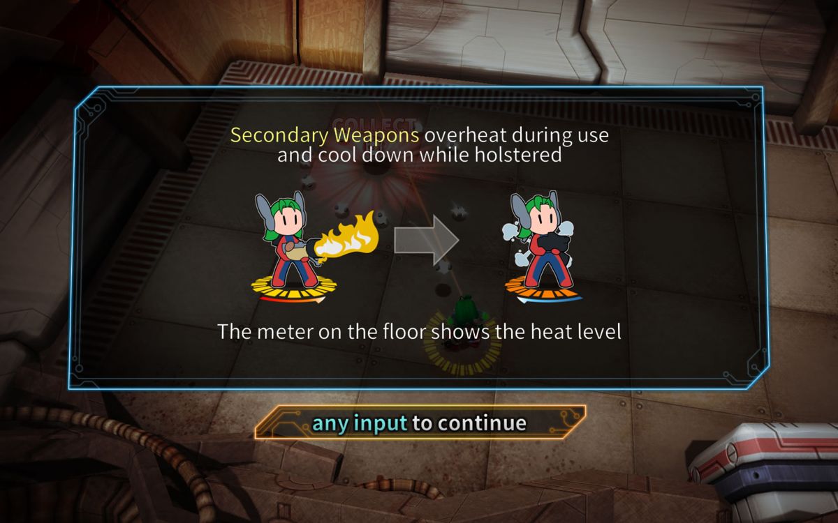 Assault Android Cactus (Windows) screenshot: Help screens appear during the interactive tutorial.