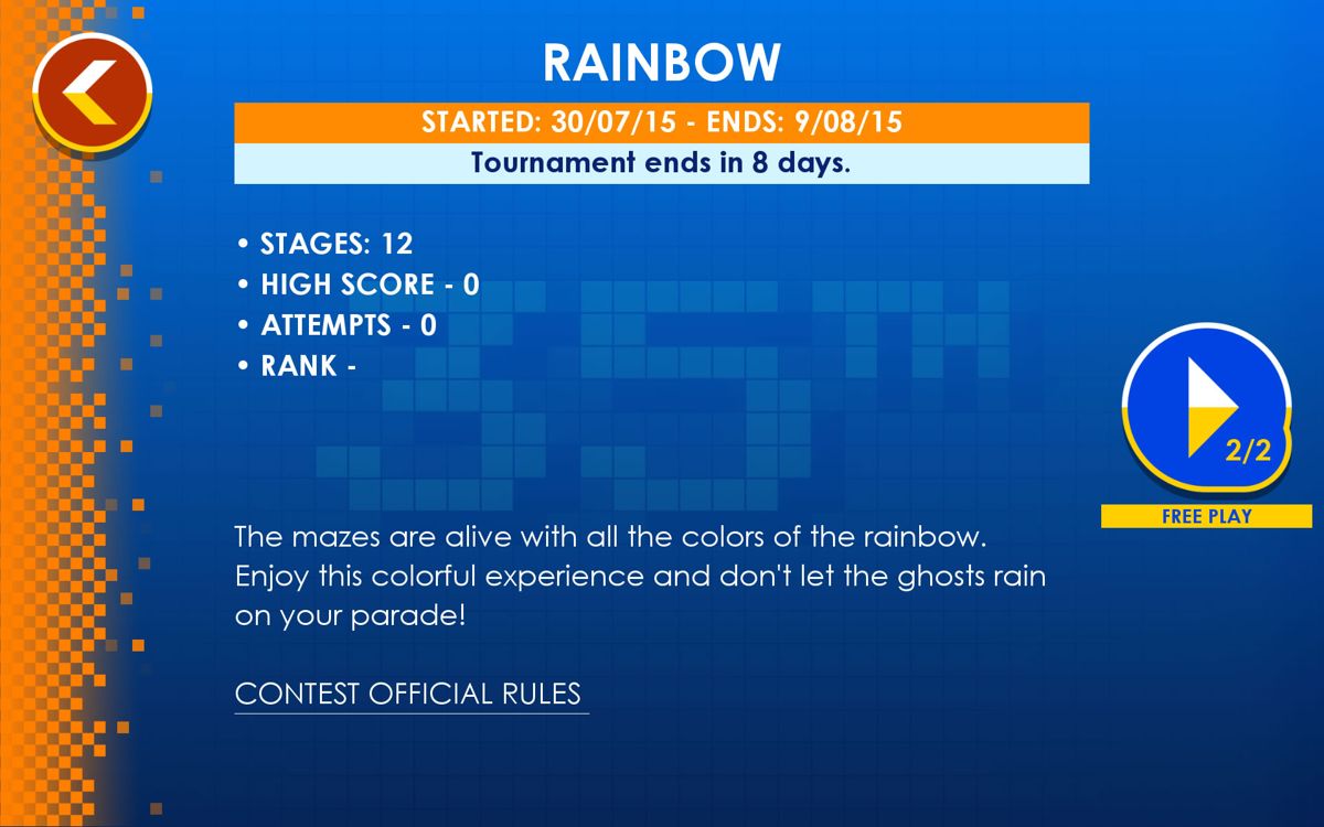 Pac-Man + Tournaments (Android) screenshot: Entering the time-limited Rainbow tournament.
