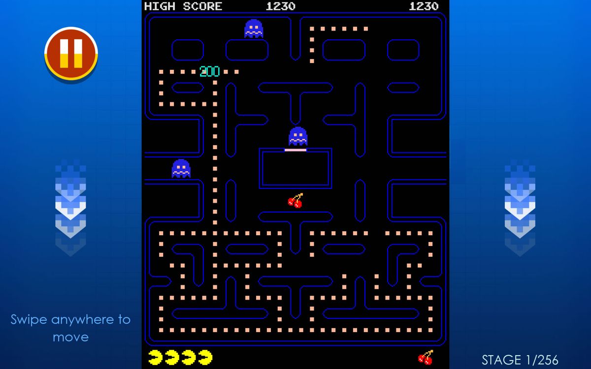 Pac-Man + Tournaments (Android) screenshot: Eating ghosts after picking up a power pill.