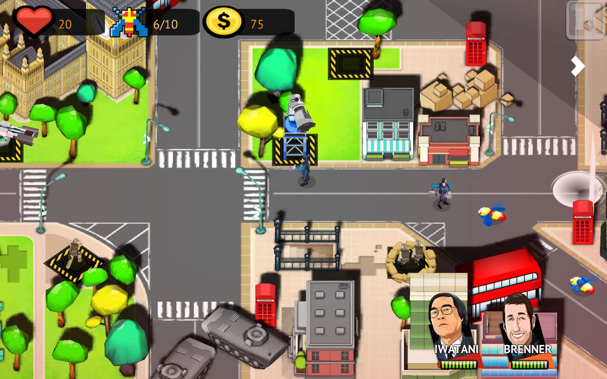 Pixels Defense (Android) screenshot: Enemies can approach from multiple directions.