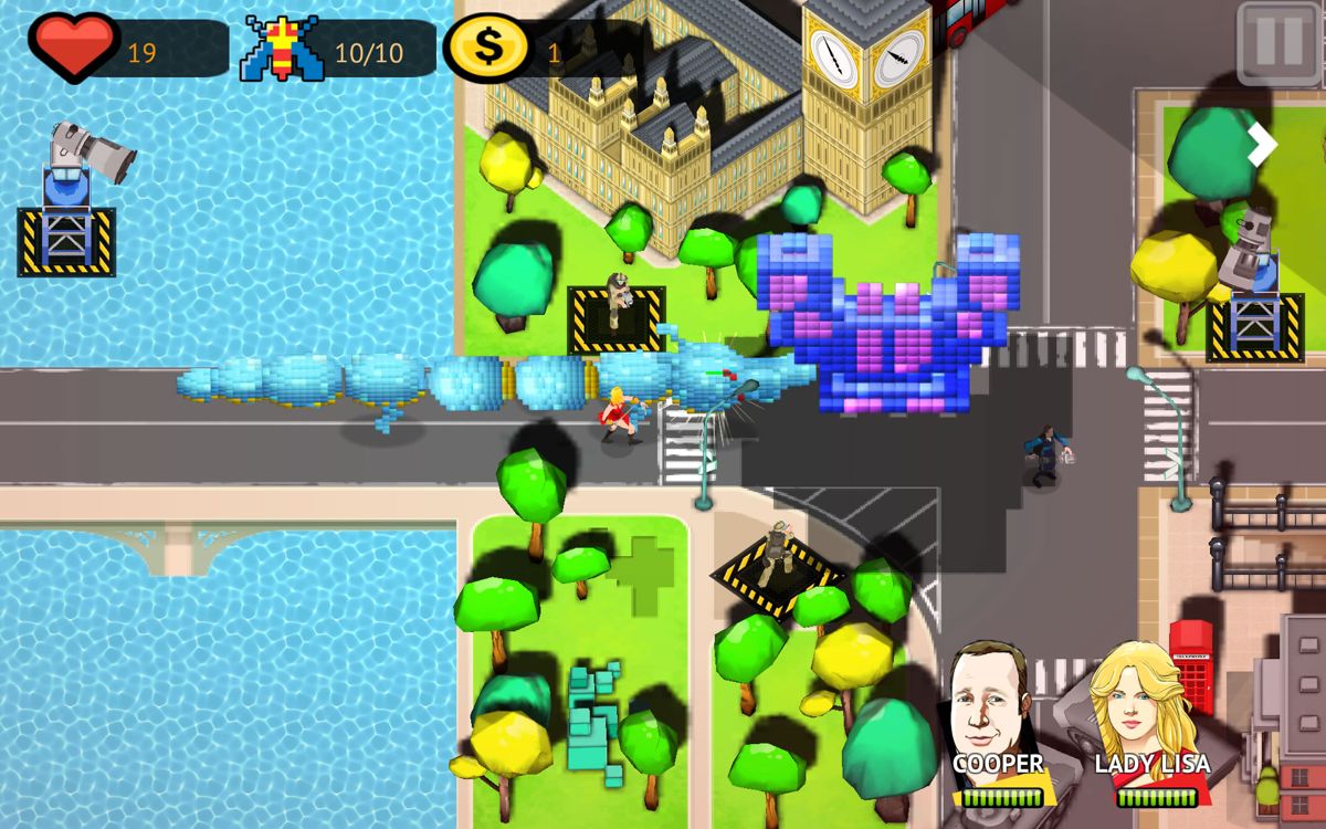 Pixels Defense (Android) screenshot: A <i>Galaga</i> ship descends with enemies.