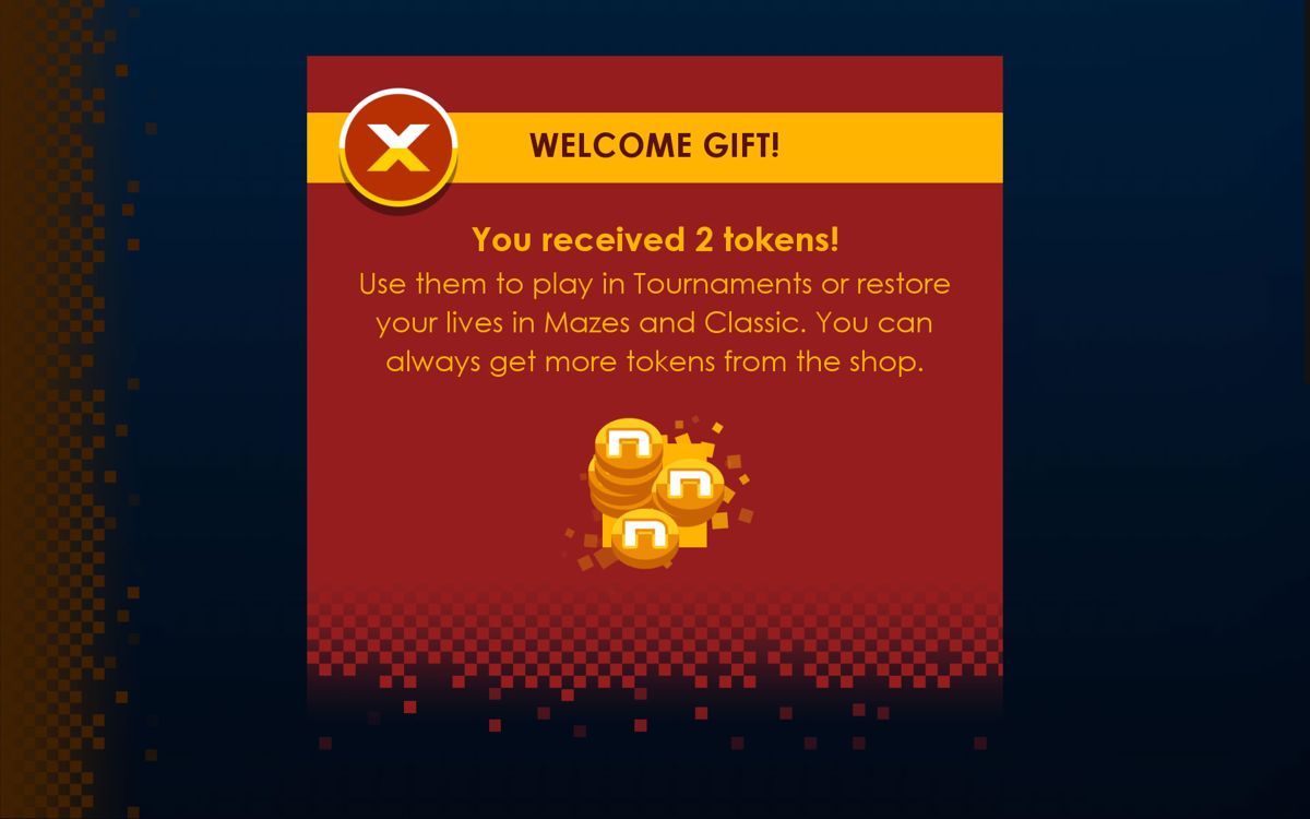 Pac-Man + Tournaments (Android) screenshot: Two tokens are provided at the start, others need to be bought as in-app purchases.