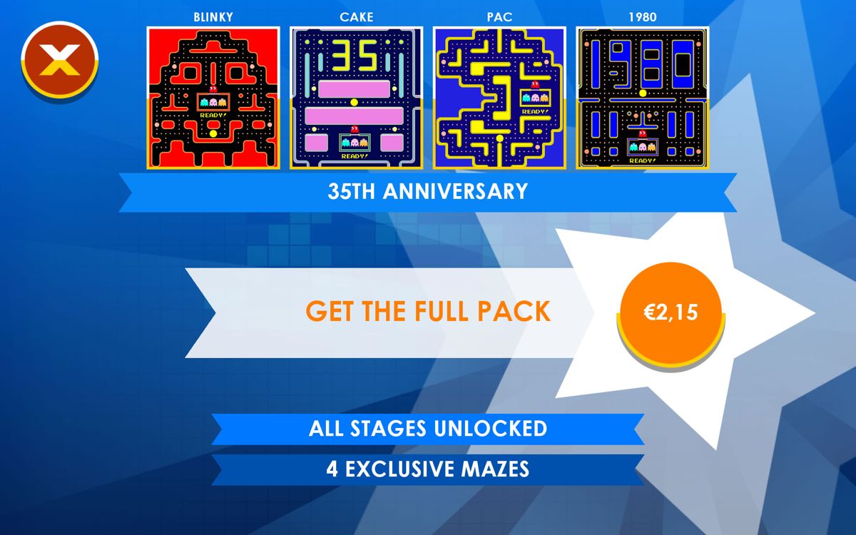 Pac-Man + Tournaments (Android) screenshot: Packs contain multiple mazes.