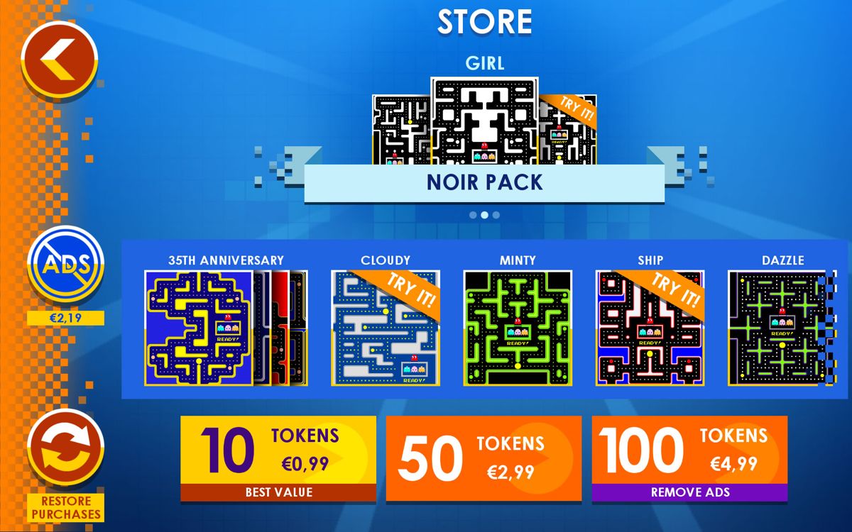 Pac-Man + Tournaments (Android) screenshot: Tokens and mazes in the store