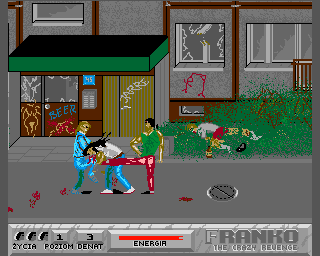 Franko: The Crazy Revenge (Amiga) screenshot: Level 1 - spitting blood after the knee hit to my face.