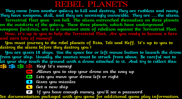 Troika (DOS) screenshot: Rebel Planets instructions