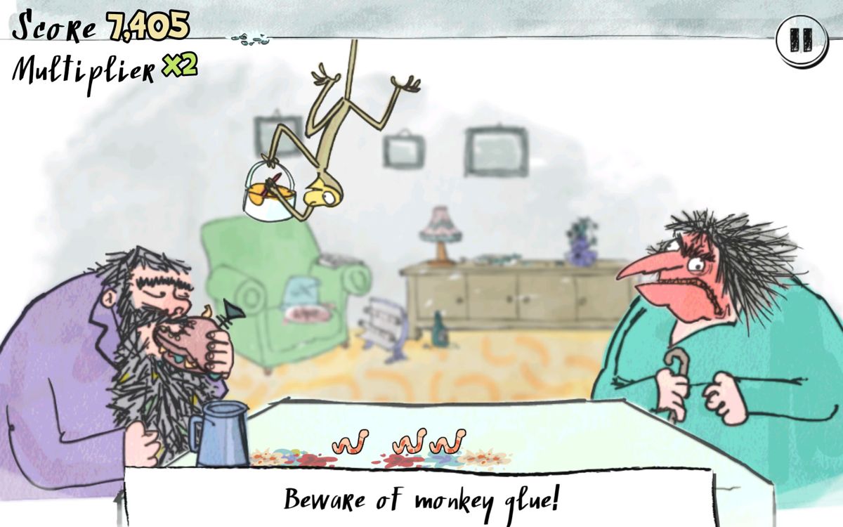 Roald Dahl's Twit or Miss (Android) screenshot: The monkey appears with glue and there are worms on the table to splay.