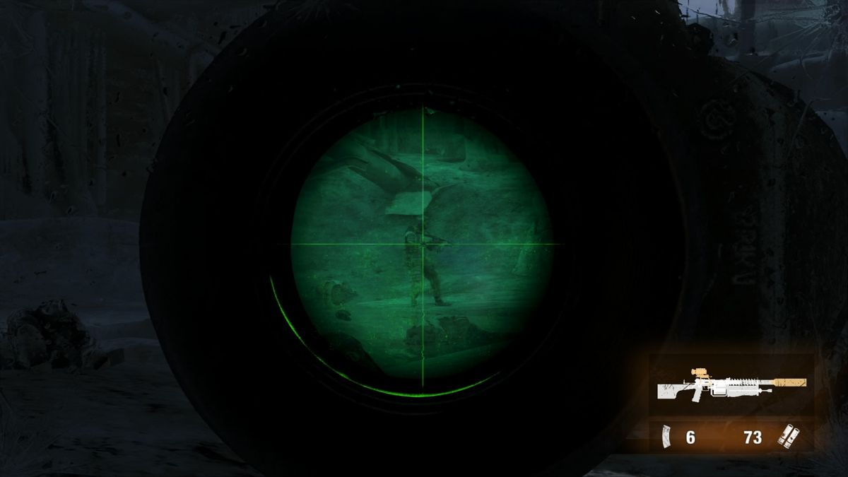 Metro 2033: Redux (PlayStation 4) screenshot: Sniping through a night-vision scope