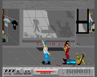 Franko: The Crazy Revenge (Amiga) screenshot: Level 2 - trying to pick up myself from the ground.