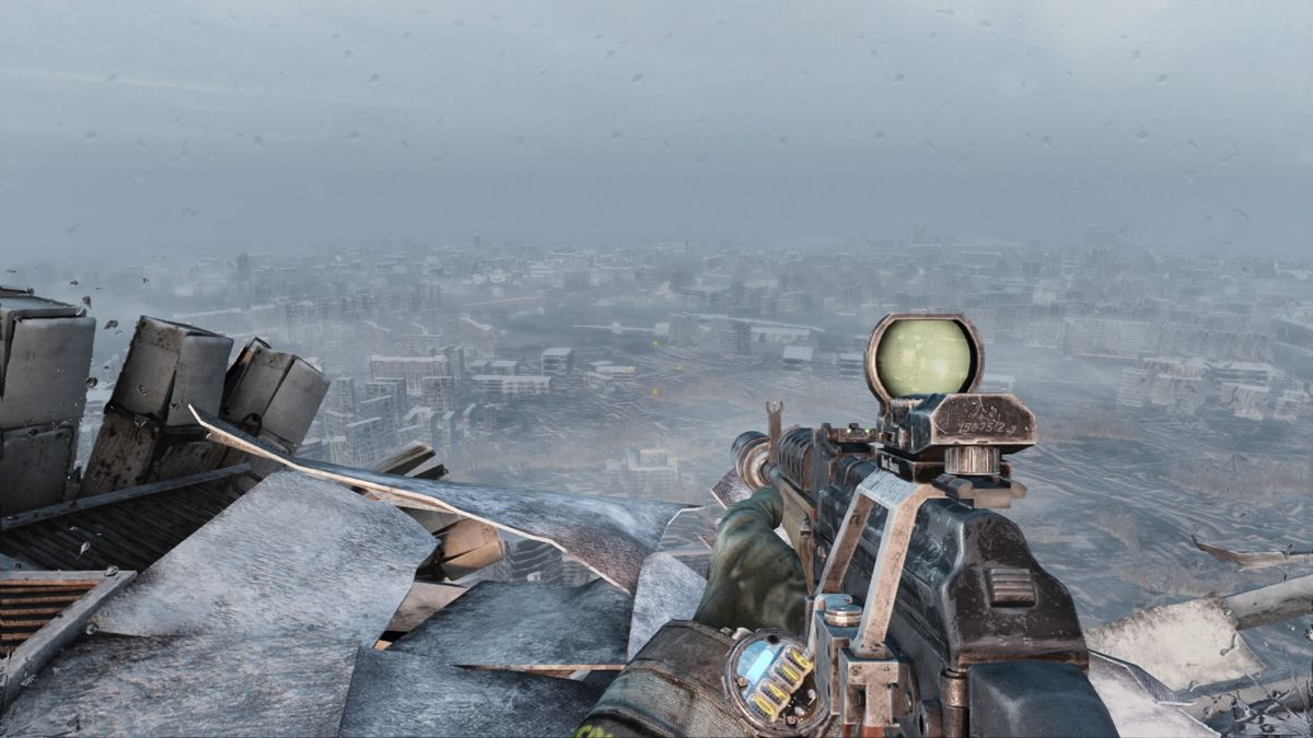 Metro 2033: Redux (PlayStation 4) screenshot: View of the city ruins from the tower