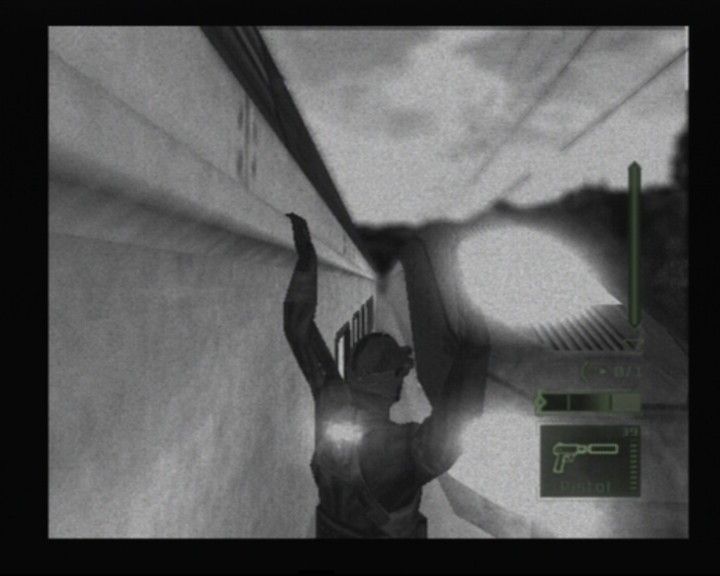 Tom Clancy's Splinter Cell: Pandora Tomorrow (PlayStation 2) screenshot: Sam has good self-preserving mechanism, so he does quick non-thinking stunt when another speeding train comes his way and you're caught in the middle